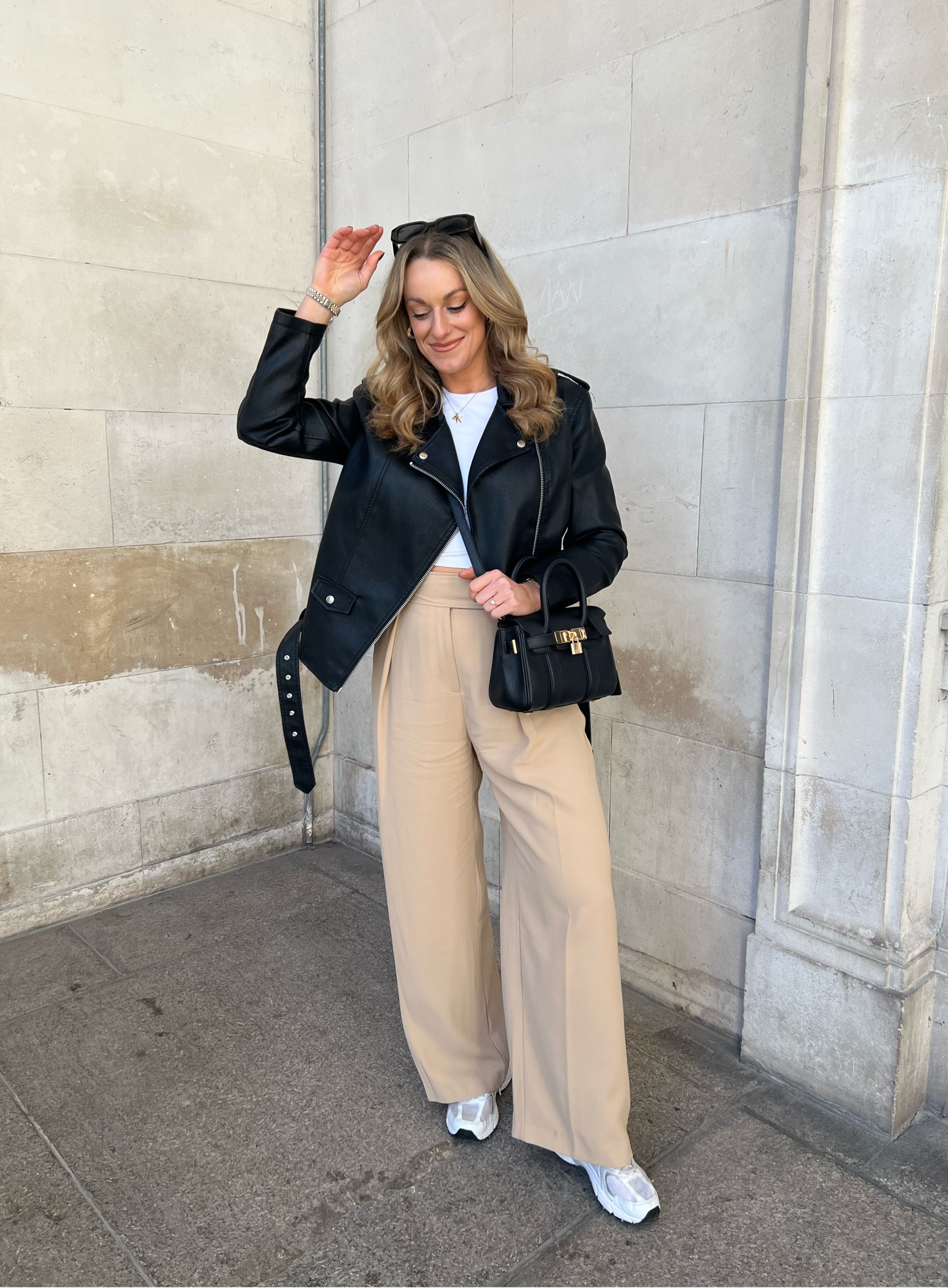 Spring outfit - wide leg trousers in beige - fit tall gals 5’9 ! White basic tshirt and oversized biker jacket 
New balance 530 trainers in white silver 

#LTKeurope #LTKunder100 #LTKSeasonal