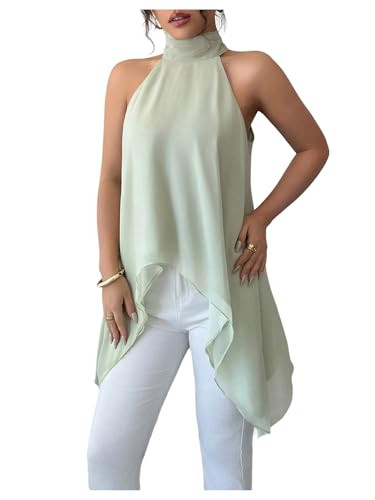 Verdusa Women's Chiffon Halter Tops Asymmetrical Hem Tie Back Blouse Layer Flowy Going Out Top Bu... | Amazon (US)