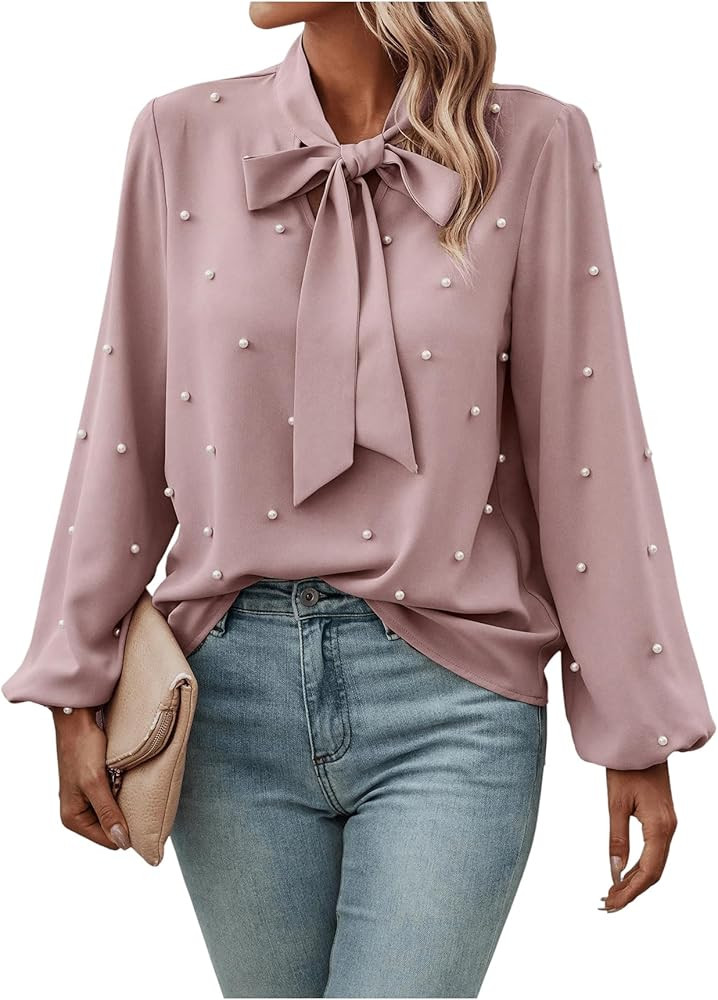 SweatyRocks Women's Pearls Bow Tie Mock Neck Long Sleeve Shirts Casual Loose Fit Blouse Top | Amazon (US)