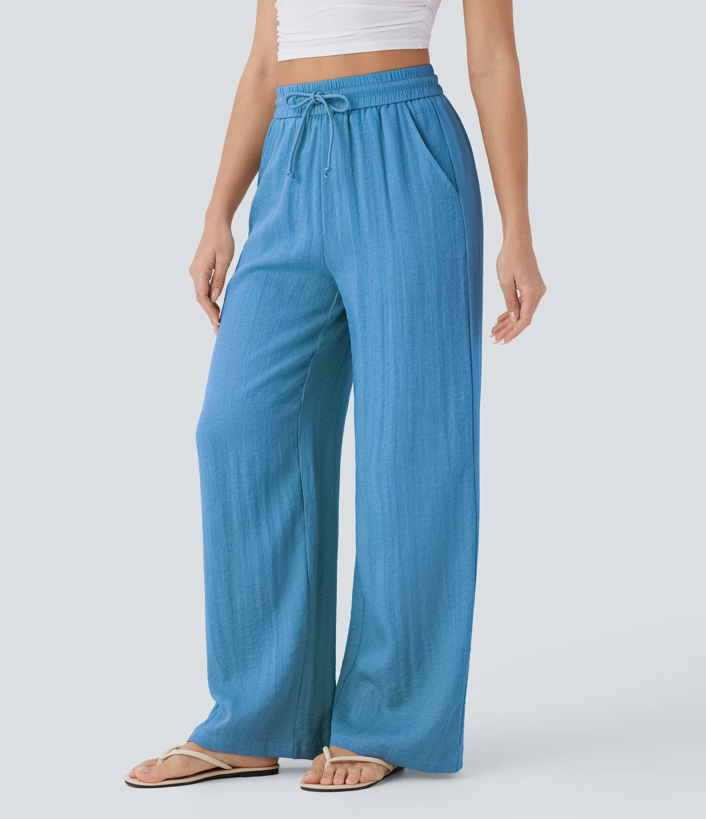 Women\u2019s High Waisted Drawstring Pocket Wide Leg Baggy Casual Linen-Feel Pants - Halara | HALARA