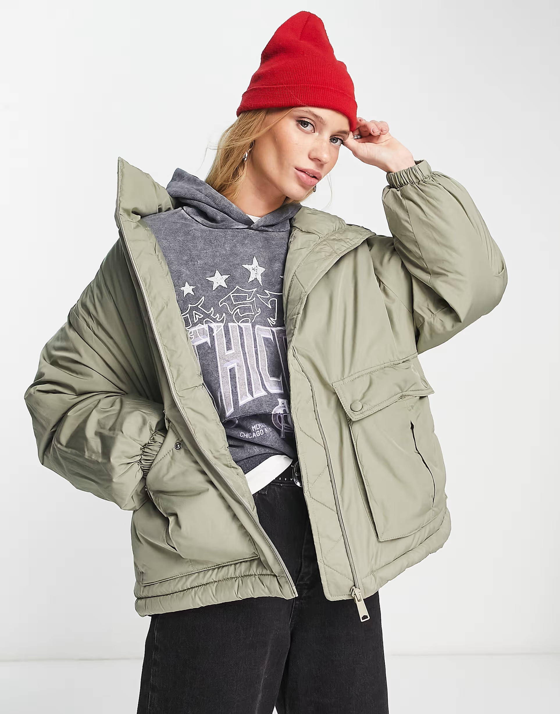 Free People padded duvet bomber jacket in green | ASOS (Global)