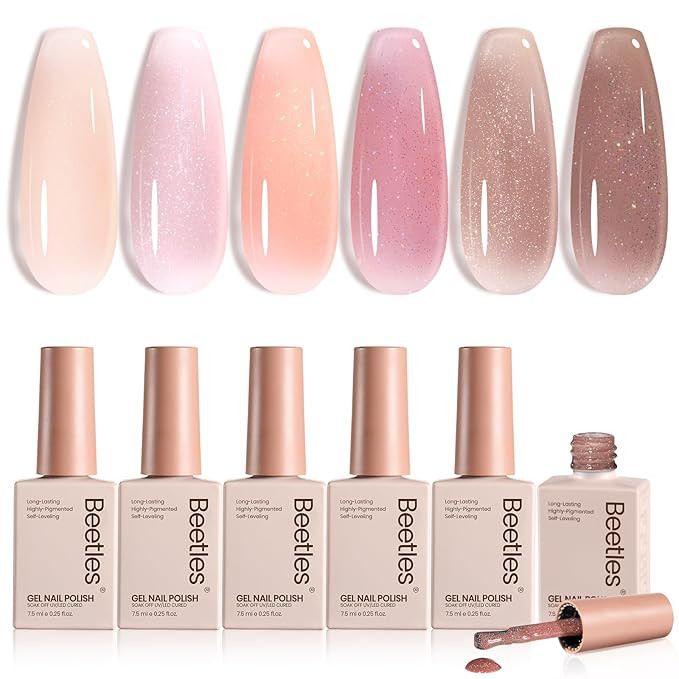 Beetles Jelly Gel Nail Polish Set - 6 Colors Shimmer Gel Polish Kit Glitter Nude Pink Brown Sheer... | Amazon (US)