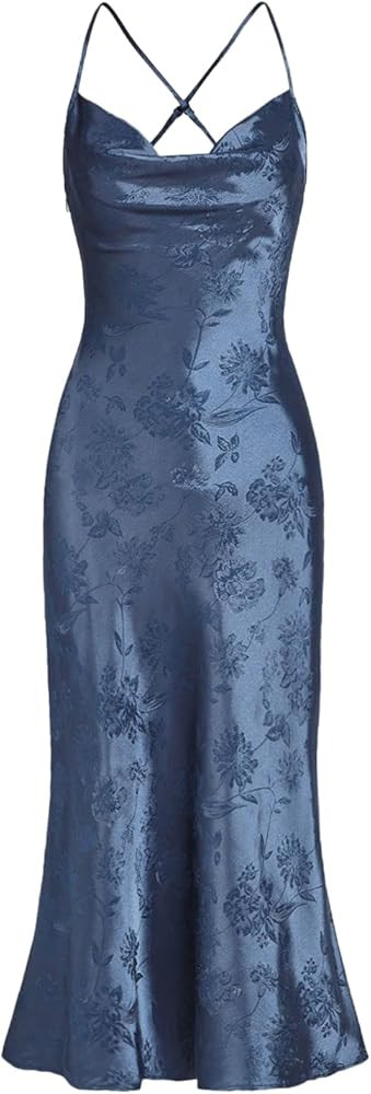 Floerns Women's Spaghetti Strap Cowl Neck Long Slip Satin Silk Midi Dress | Amazon (US)