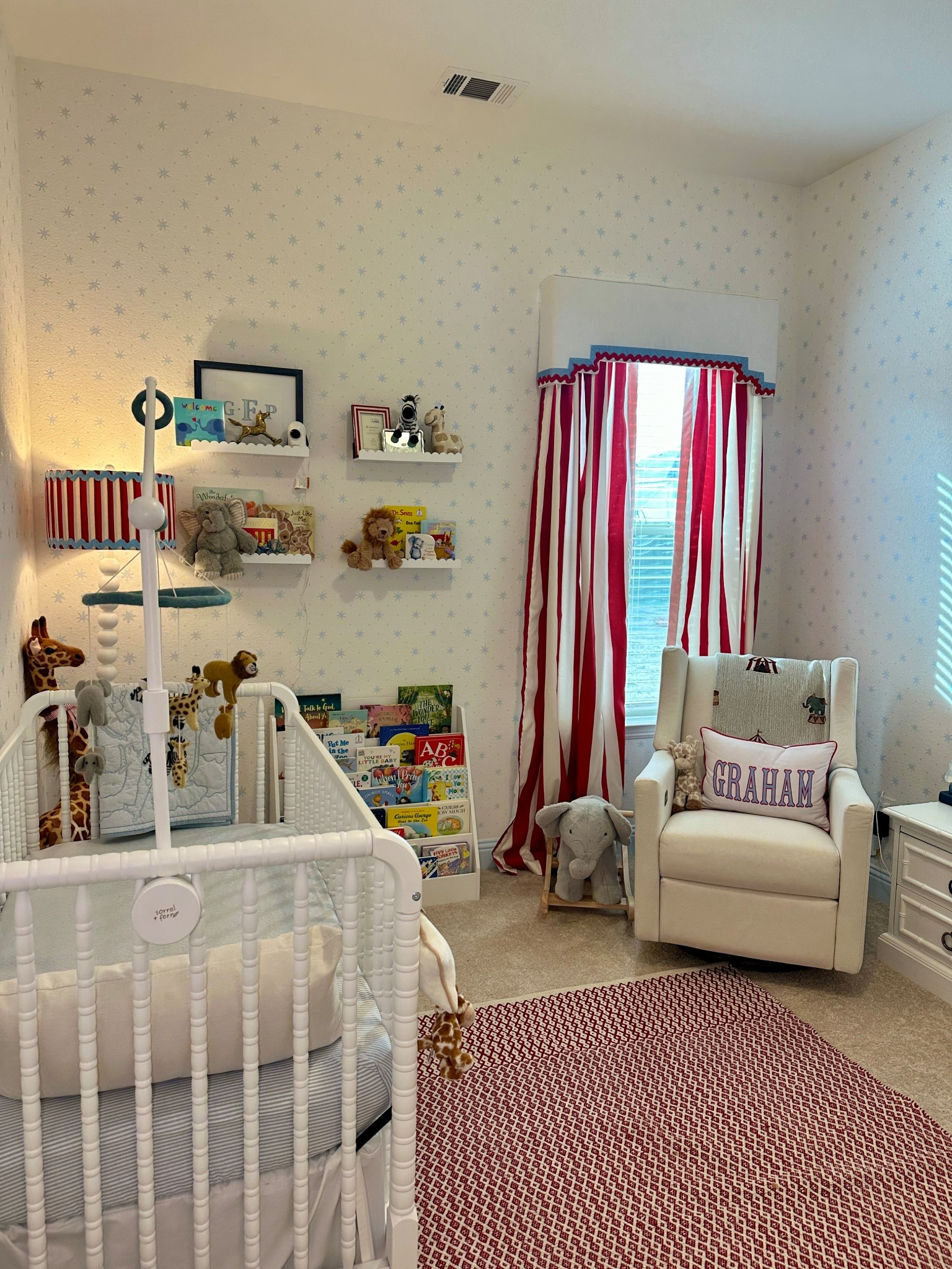 carnival/ circus themed boy nursery! finally finished his nursery just in time🎪🩵
loving all the patterns and bold colors paired with the precious animals❤️🐘🦁

#LTKKids #LTKBaby #LTKHome