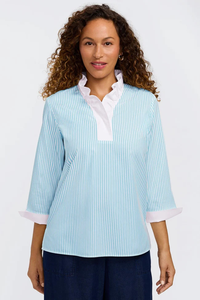 Tammy No Iron Pinpoint Striped 3/4 Sleeve Popover Shirt | Foxcroft