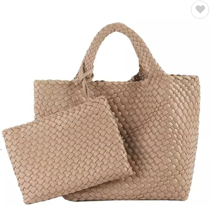 Spring & Summer Handmade Woven Tote Handbag, Vegan Leather, Khaki, Light Brown, Black | Amazon (US)