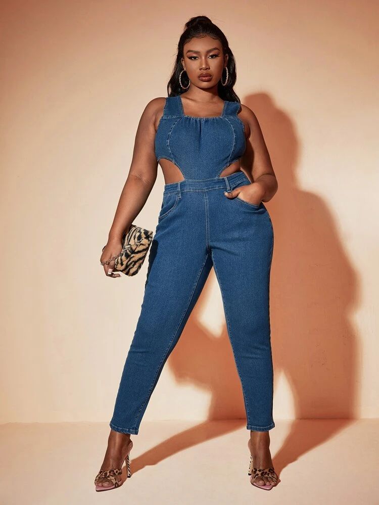 SHEIN SXY Plus Cutout Zip Back Denim Overalls | SHEIN