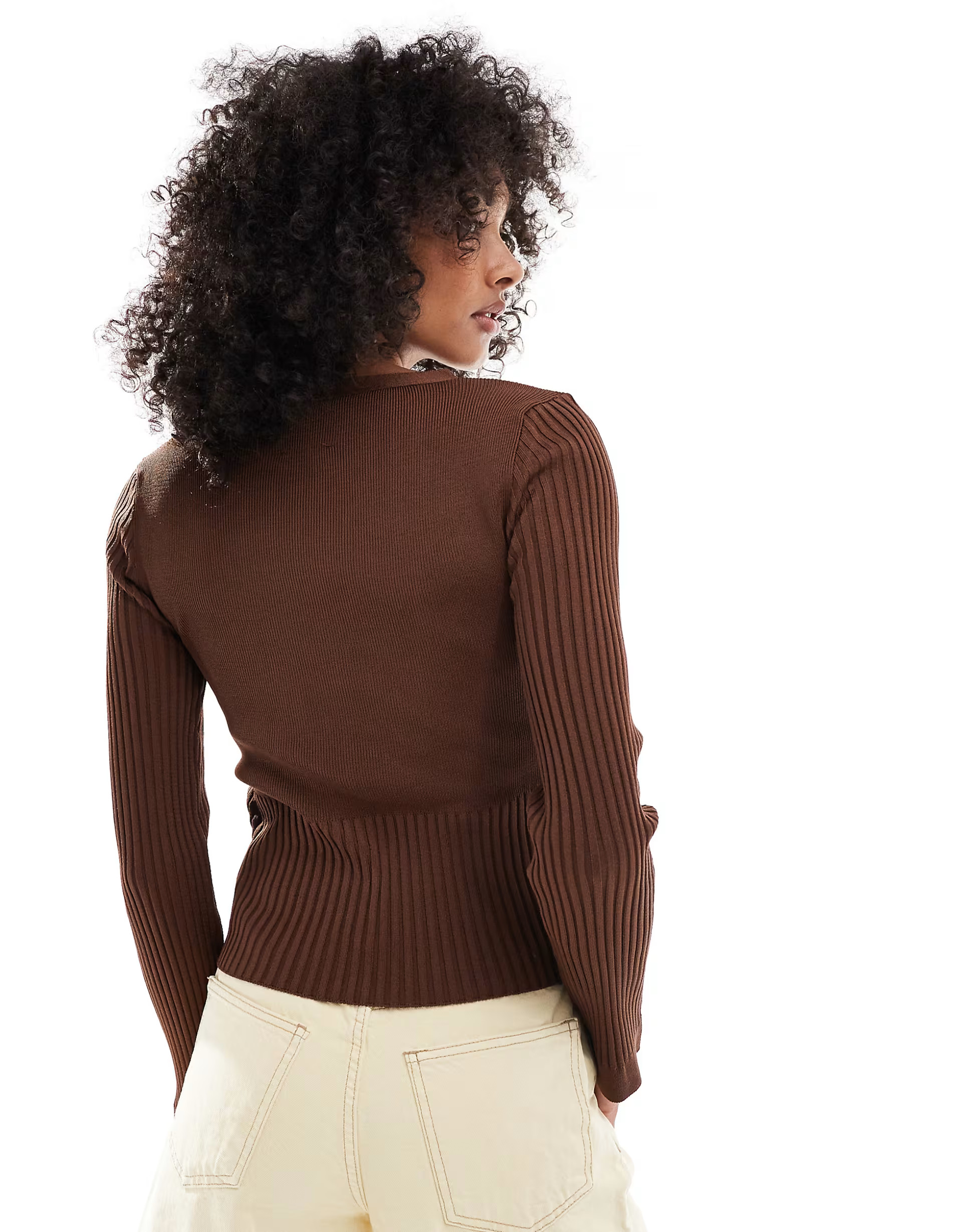 › ASOS DESIGN cinched waist cardigan with ribbed sleeve in brown | ASOS (Global)