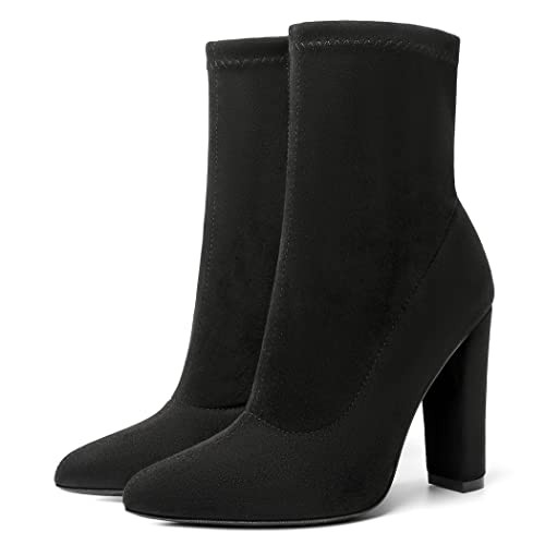 Black Sock Booties for Women Sock Boots Heeled Boots Black Boots for Women Chunky High Heel Boots Suede Ankle Boots Fall Winter Dress Boots Pointed Toe Mid Calf Booties | Amazon (US)