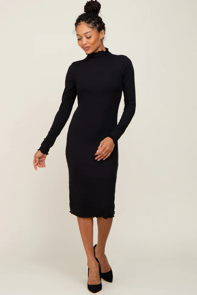 Black Ribbed Mock Neck Lettuce Trim Midi Dress | PinkBlush Maternity