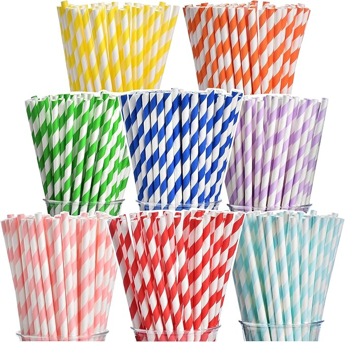 ALINK 200-Pack Biodegradable Paper Straws, Assorted Rainbow Striped Smoothie Straws for Birthday,... | Amazon (US)