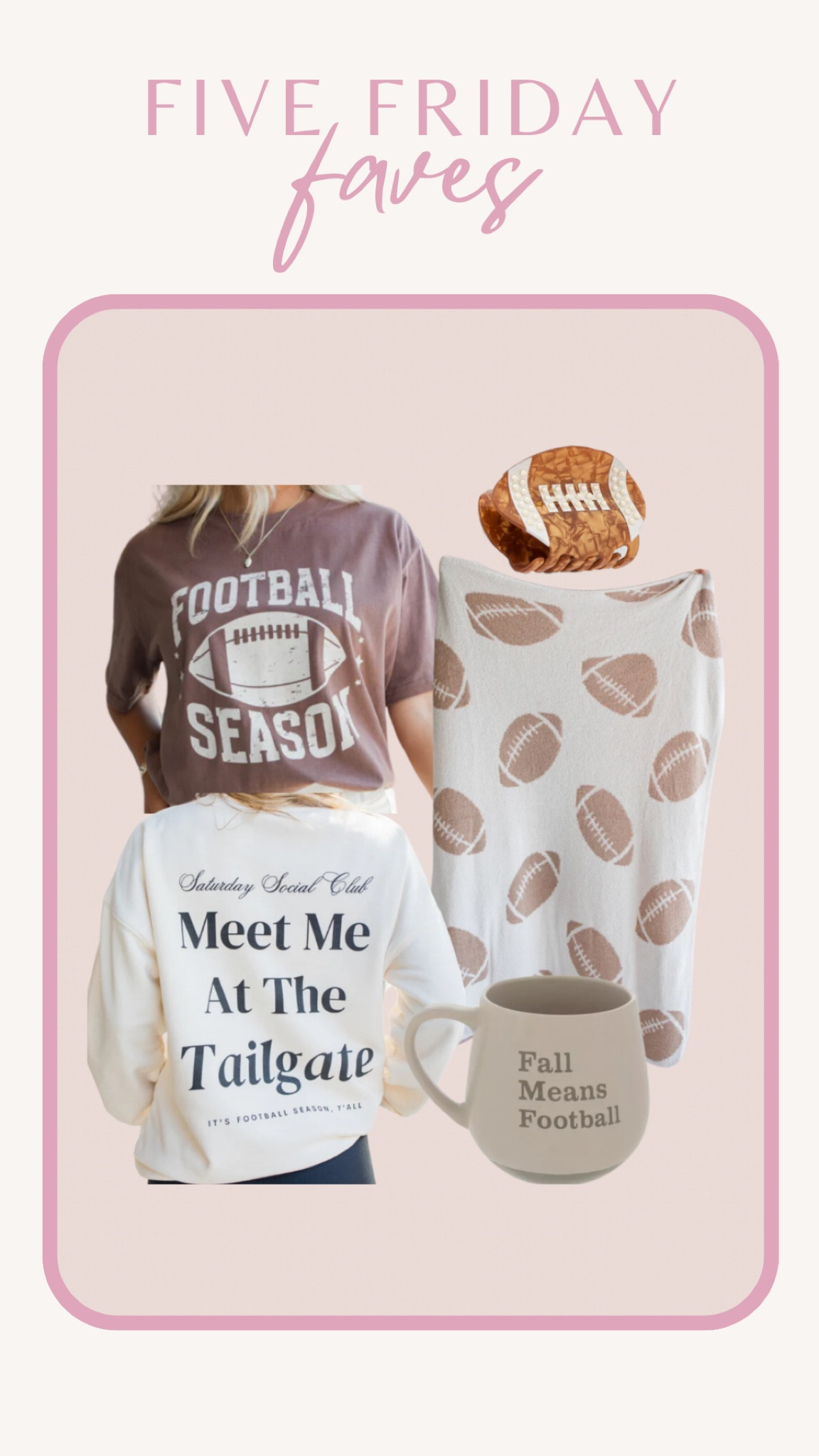 Game day five Friday faves!! 
• football season graphic tee: m, fits tts but I sized up one
•Saturday social club tailgate sweatshirt: L, I wanted to wear this with leggings so I sized up!
•cozy football blanket: I’m so sad that the exact one is sold out now! 😭 I found a similar one on Amazon!
•pearl football hair clip
•fall means football mug: I’m not able to link this one but I got it at hobby lobby!

#LTKSeasonal #LTKHome