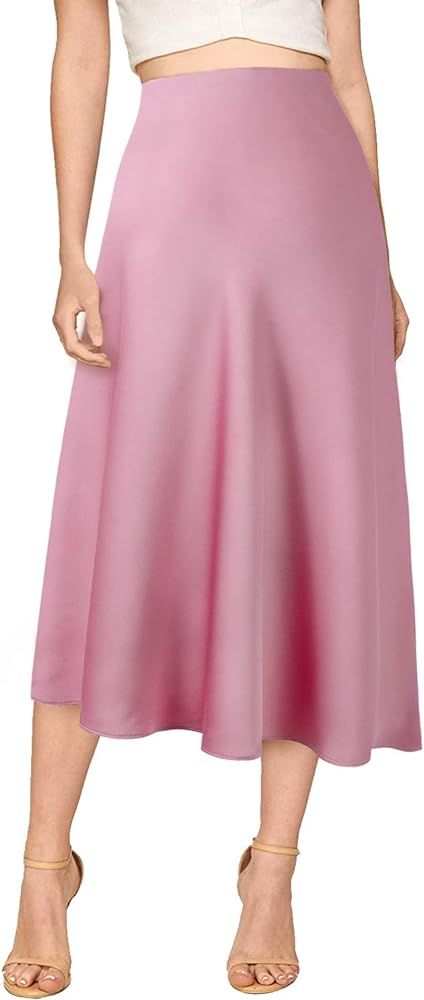 Verreisen Women's Elegant Midi Satin Skirt for Work Women Causal Elastic High Waist | Amazon (US)