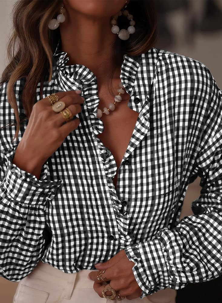 Astylish Womens Plaid Ruffle V Neck Button Down Blouse Casual Long Sleeve Gingham Trendy Tops Wor... | Amazon (US)
