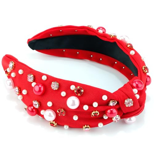 AHONEY Red Headband Women Girls Red Knotted Headband Pearl Crystal Knotted Jeweled Wide Top Knot Headband Valentine’s Day Gifts Hair Accessories for Women (Red) | Amazon (US)
