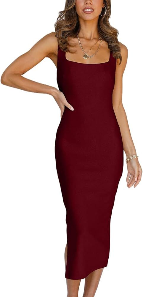 Metyou Women's Sexy Bodycon Tank Dress Summer Sleeveless Square Neck Side Split Midi Club Dresses | Amazon (US)