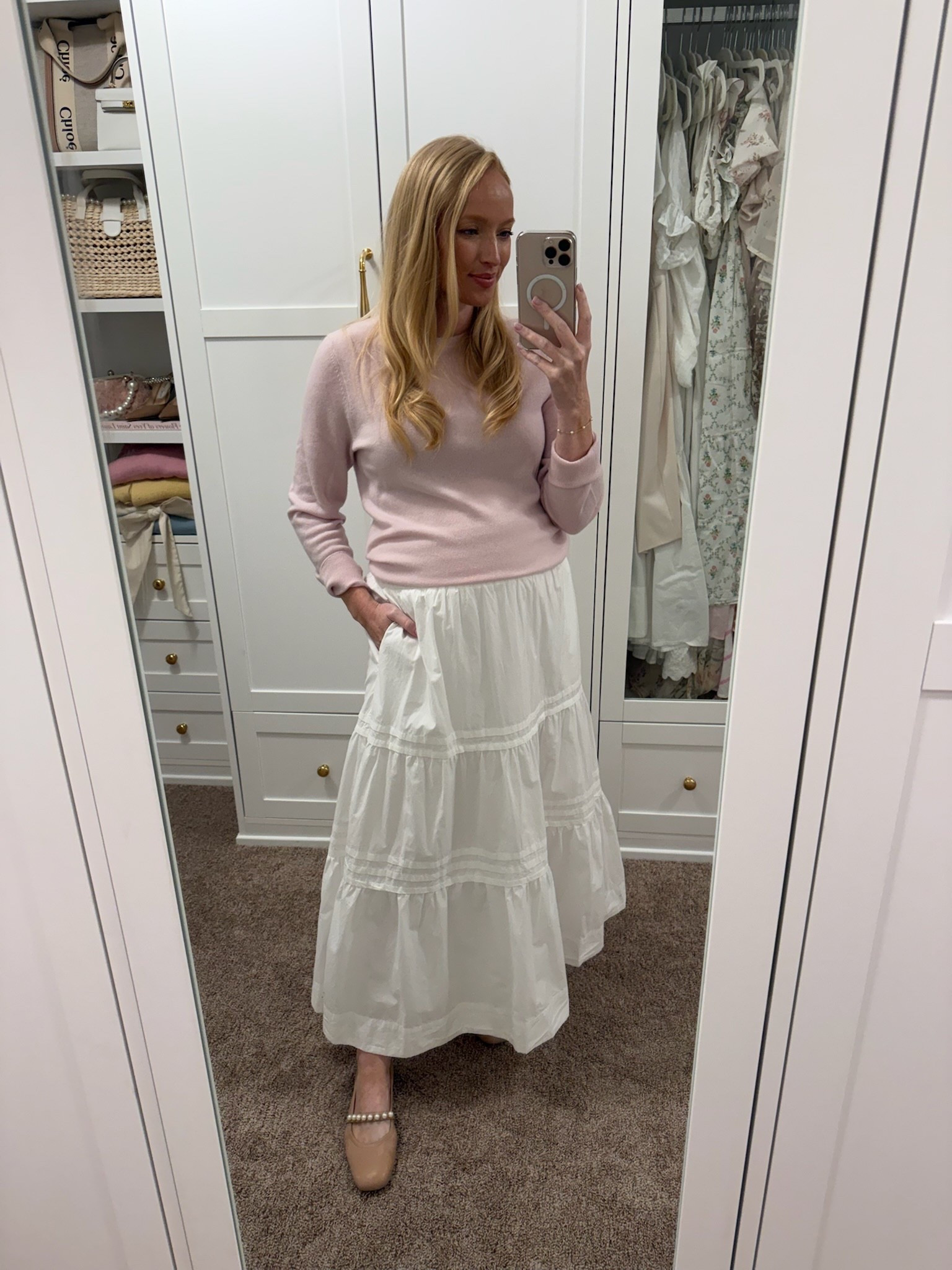 Pretty transitional workwear look! This skirt is also bump friendly. Wearing size small in the top and skirt. Fall outfits // transitional outfits // workwear // work outfits // bump friendly outfits // work flats 

#LTKBump #LTKWorkwear #LTKSeasonal