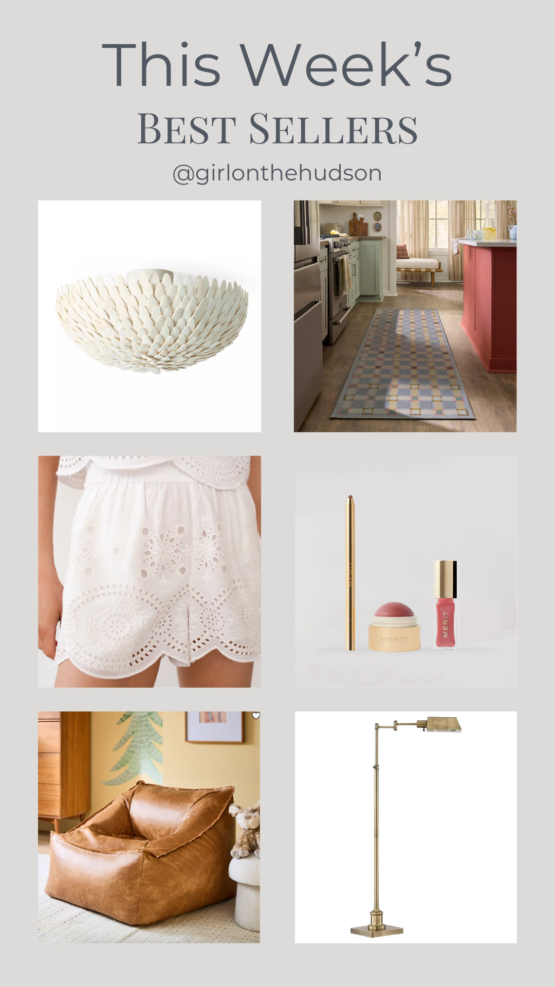 This week's best sellers: our brass swing arm floor lamp, a vegan leather kids' lounger, the prettiest flushmount light, eyelet shorts on major sale, my everyday Merit makeup and a stunning washable rug!

#LTKootd #LTKHome #LTKSaleAlert