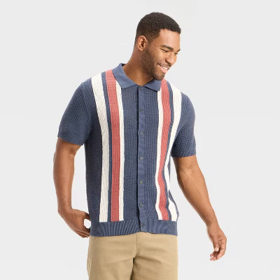 Men's Striped Full Button Sweater - Goodfellow & Co™ Navy Blue XXL | Target