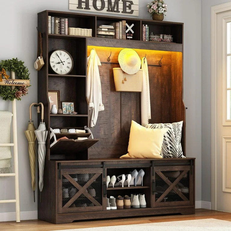 ChVans 75''H LED Farmhouse Hall Tree with Bench and Shoe Storage, Brown Hall Tree with Storage Be... | Walmart (US)