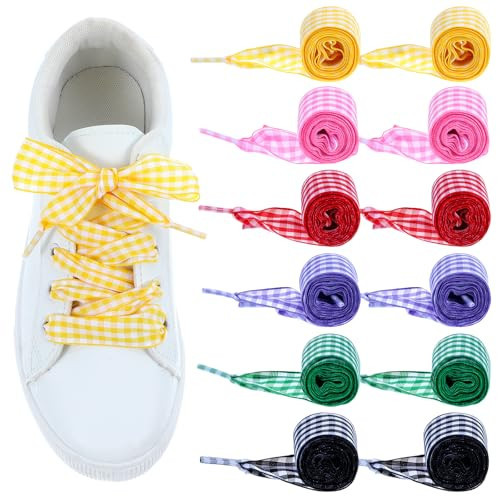 Nogeqi 6 Pair Satin Ribbon Shoe Laces for Sneakers, Colored Gingham Flat Shoelaces for Women Cute Funny Ballet Shoe Strings Bag Decoration (6 Colors) | Amazon (US)