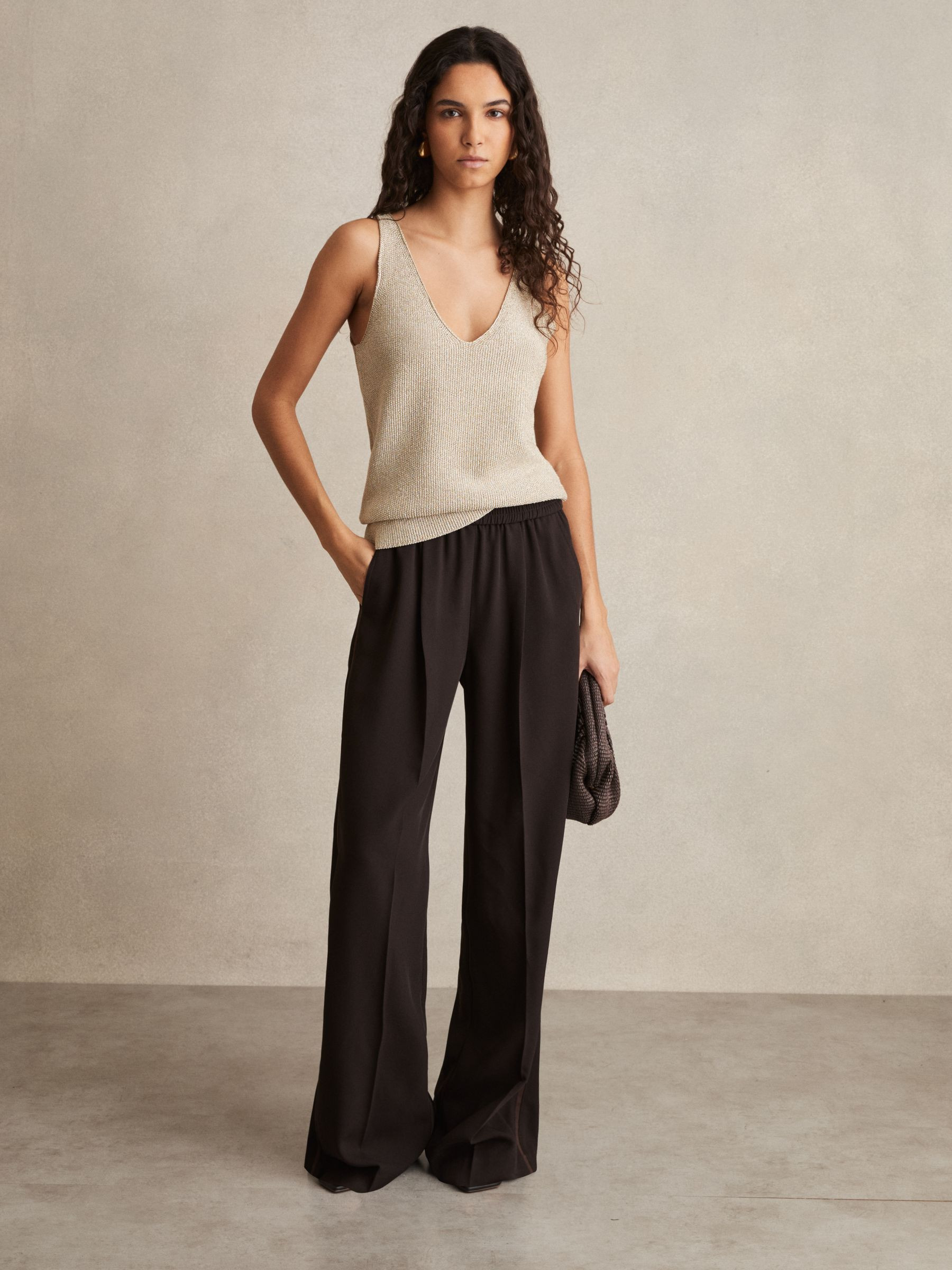 Elasticated Side Stripe Wide Leg Trousers in Chocolate Brown | Reiss UK