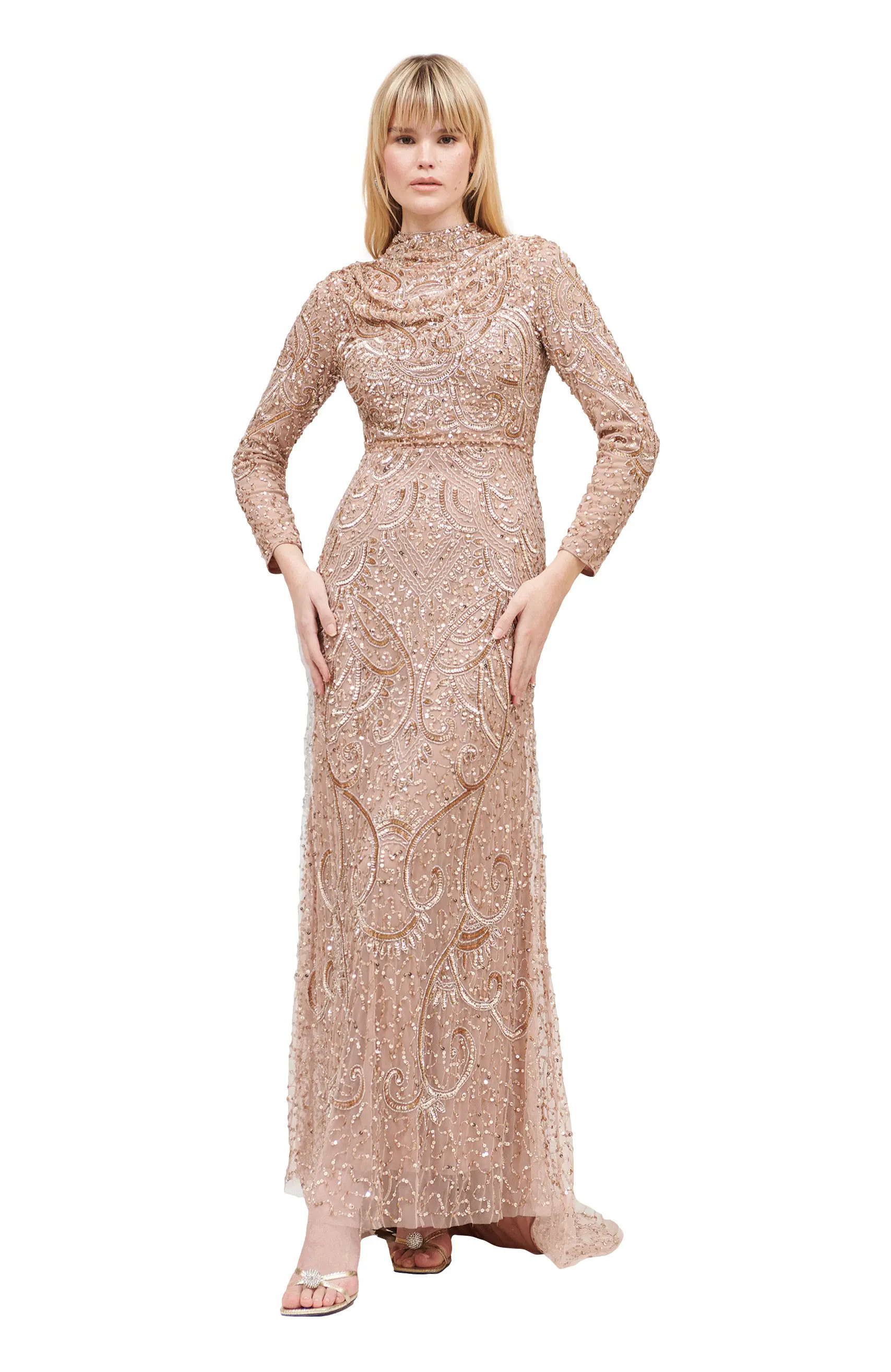 MARYISA Modest Embellished Sequin Beaded Maxi Dress With Cowl Neck And Trail (Women) | Nordstrom | Nordstrom