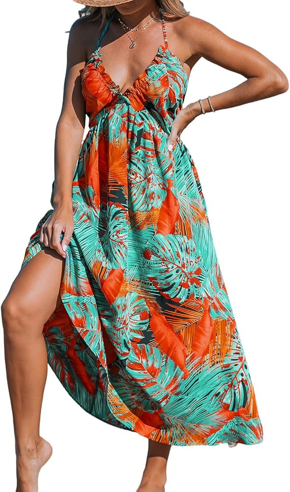 CUPSHE Women's Backless Paisley Floral Beach Dress Halter Neck Ruffle Plunging V Spaghetti Straps... | Amazon (US)