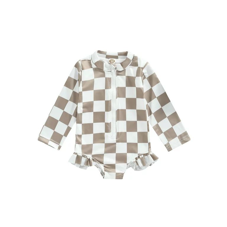 Genuiskids Toddler Baby Girls Checkerboard Swimwear Beachwear Ruffles Long Sleeve One Piece Zippe... | Walmart (US)