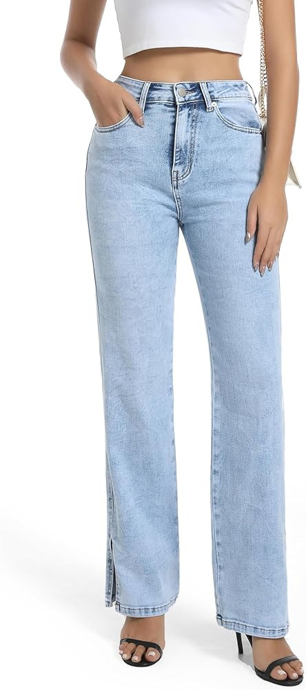 Womens Jeans High Waisted Stretchy Straight Leg Split Hem Jeans for Women Trendy Classic Denim | Amazon (US)