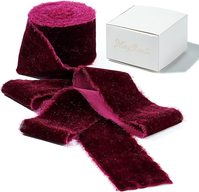 MAYREEL Burgundy Velvet Ribbon 2 Inch Hand Torn Maroon Frayed Edge Silk Ribbon for Bridal Bouquet... | Amazon (US)
