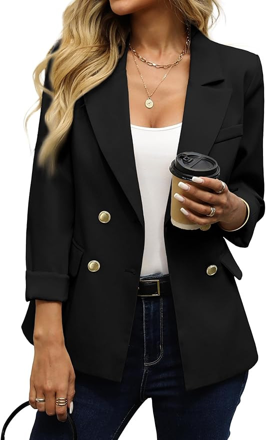 ELLEVEN Women's Business Casual Blazer,Double Breasted Long Sleeve Slim Fit Office Suit Jackets W... | Amazon (US)