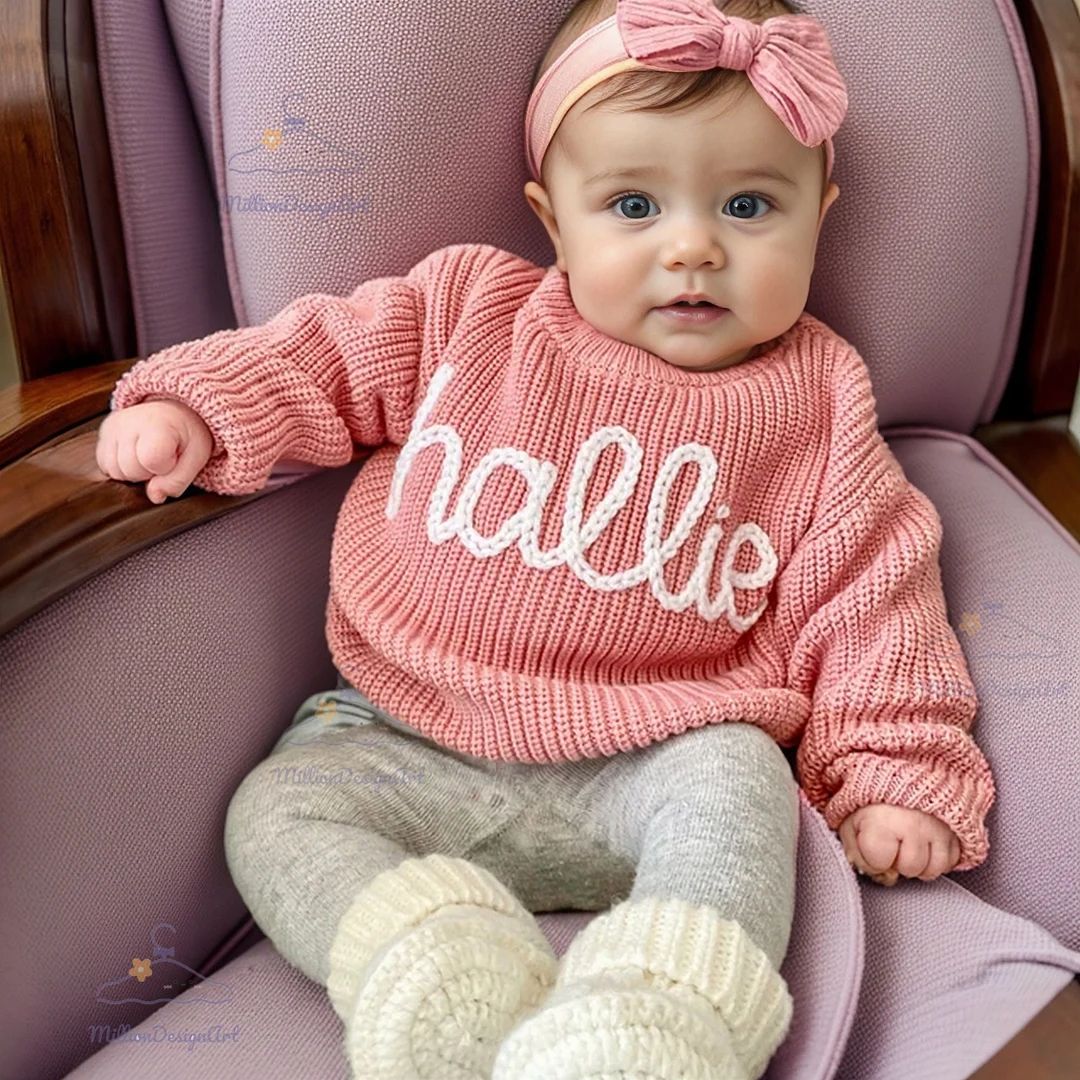 Personalized Hand Embroidered Name Baby Sweater,custome Baby Name Sweater,pink Baby Girls Sweater... | Etsy (US)