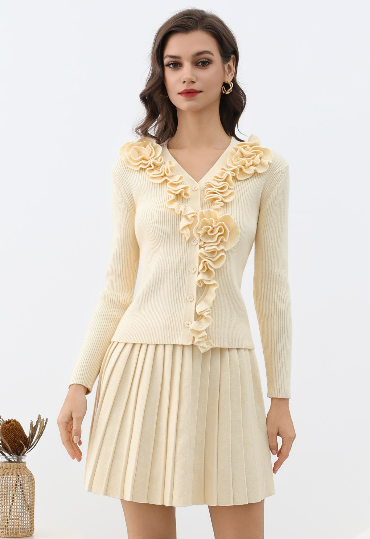 3D Blooming Floral Buttoned Knit Top and Skirt Set in Light Yellow | Chicwish