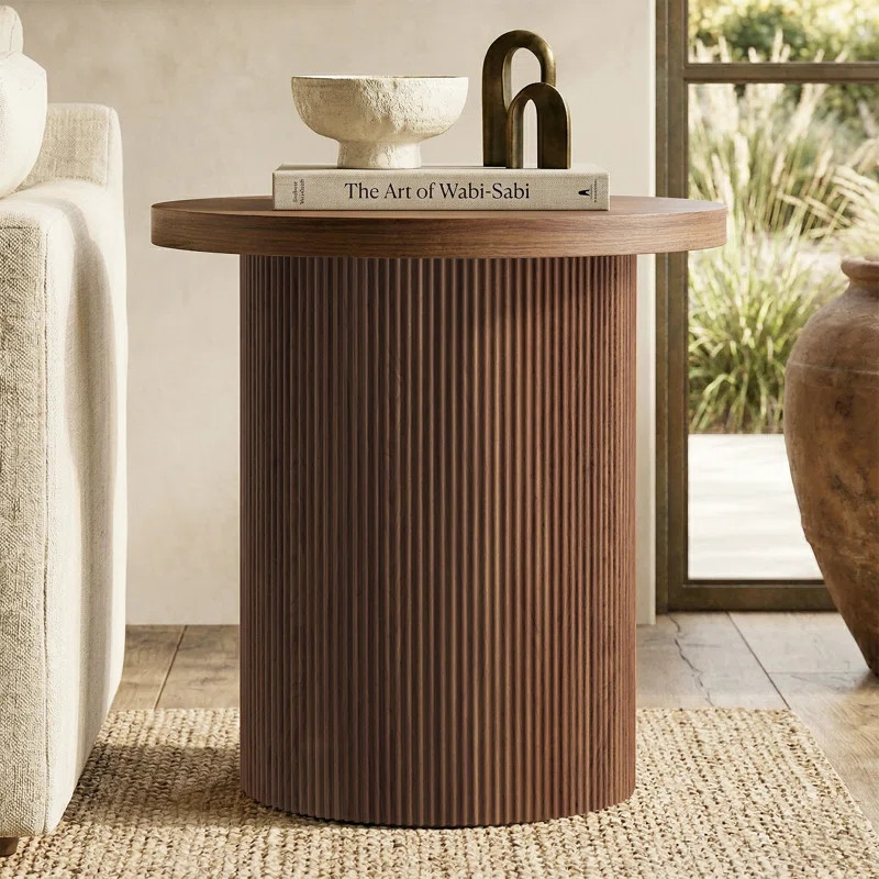 Isa 22" Wide Round Fluted Side Table in Satin Walnut | Wayfair North America
