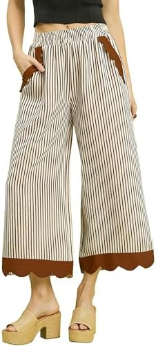 Faleave Women's Striped Wide Leg Cropped Pants Elastic Waist Scalloped Hem Casual Trousers with P... | Amazon (US)
