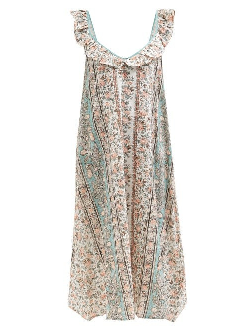 D'Ascoli - Faye Flounced Floral-print Cotton-khadi Dress - Womens - Apricot | Matches (US)