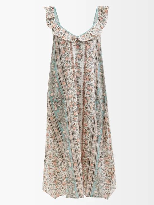 D'Ascoli - Faye Flounced Floral-print Cotton-khadi Dress - Womens - Apricot | Matches (US)