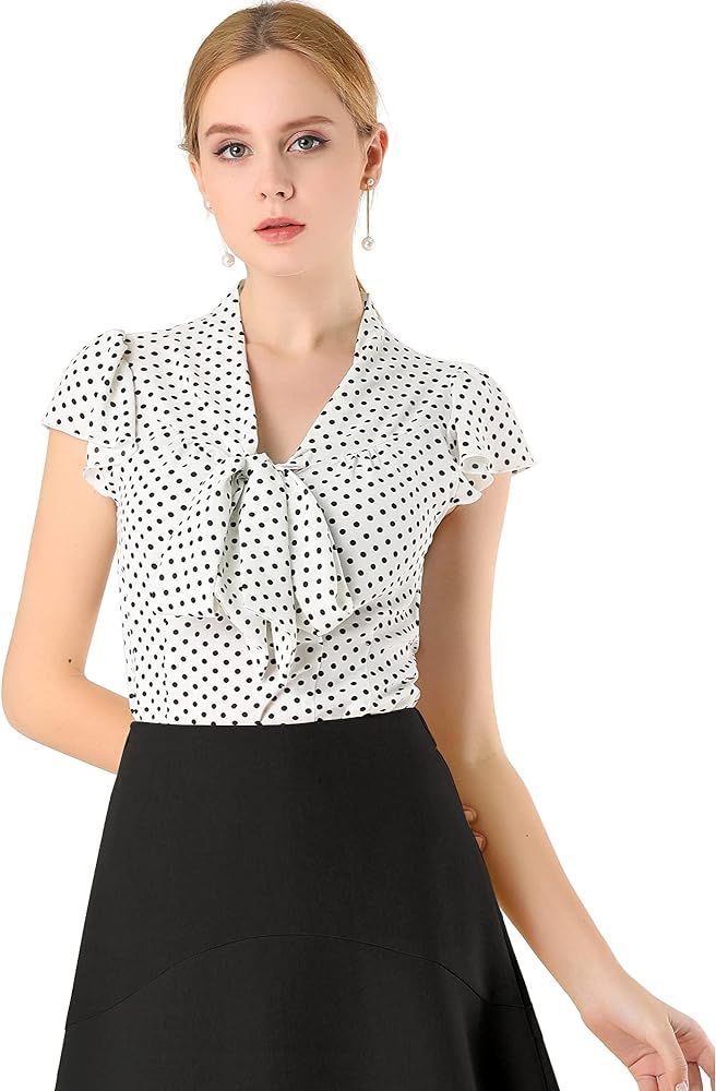 Allegra K Women's Summer Polka Dots Top Bow Tie V Neck Ruffled Cap Sleeve Office Blouse | Amazon (US)