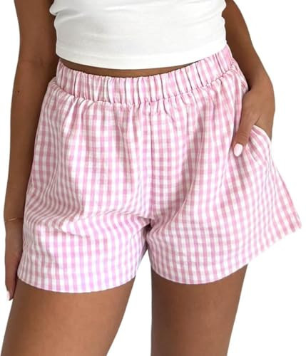CITASHION Cotton Gingham Boxer Shorts for Women Casual Summer Pajama Lounge Sleep Cute Y2K Plaid Shorts Beach Bottoms Pink XL | Amazon (US)