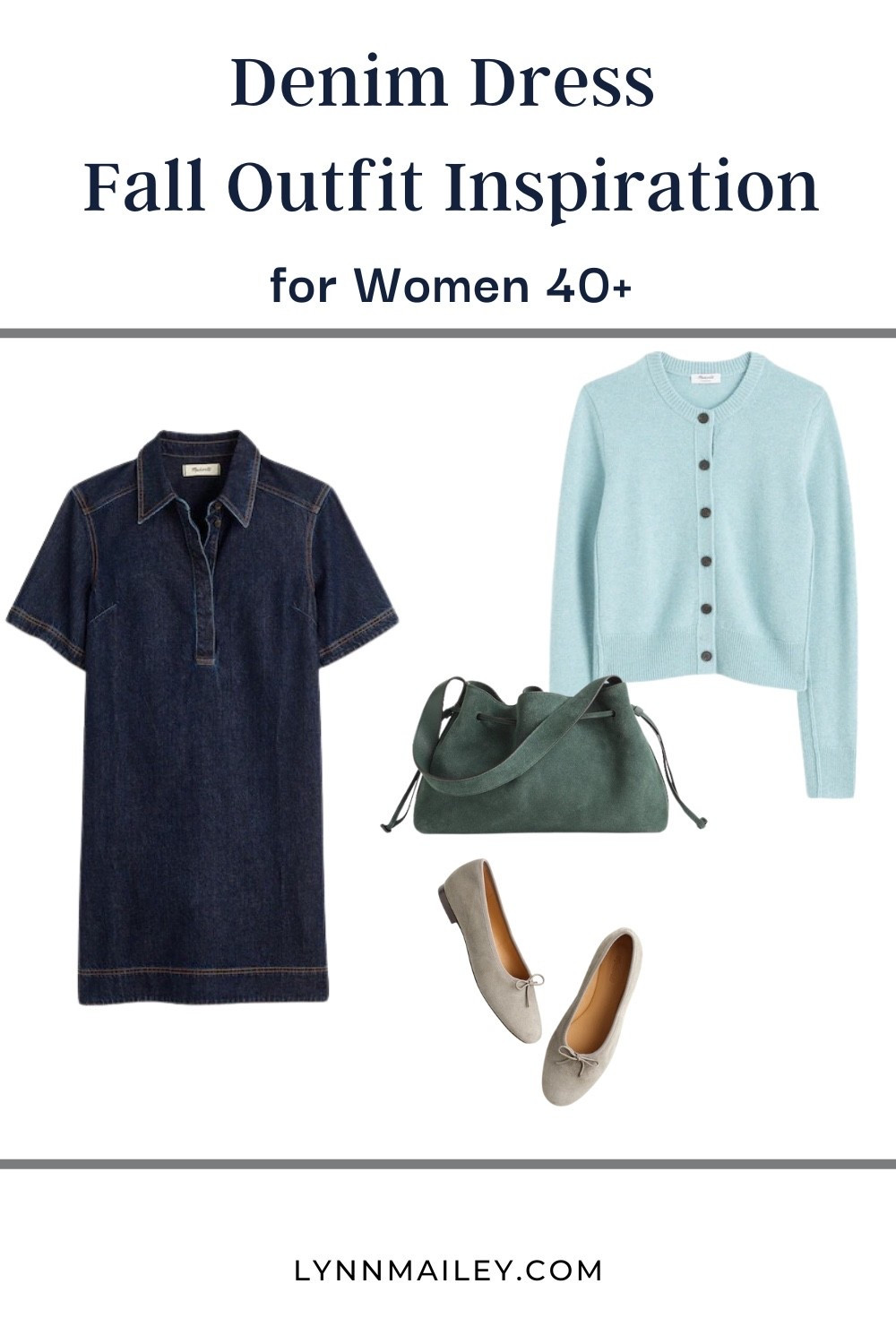 A denim dress styled with a cardigan, suede bag, and flats. A timeless fall transition outfit that blends casual comfort with a chic style for women 40+..

#LTKWorkwear #LTKOver40 #LTKStyleTip