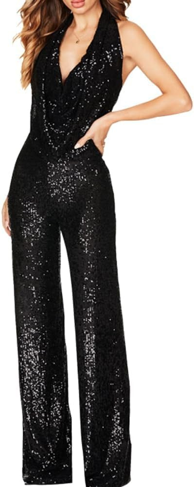 Sparkly Sequin Jumpsuit Halter Neck Backless Sequin Overalls Glitter Pants | Amazon (US)