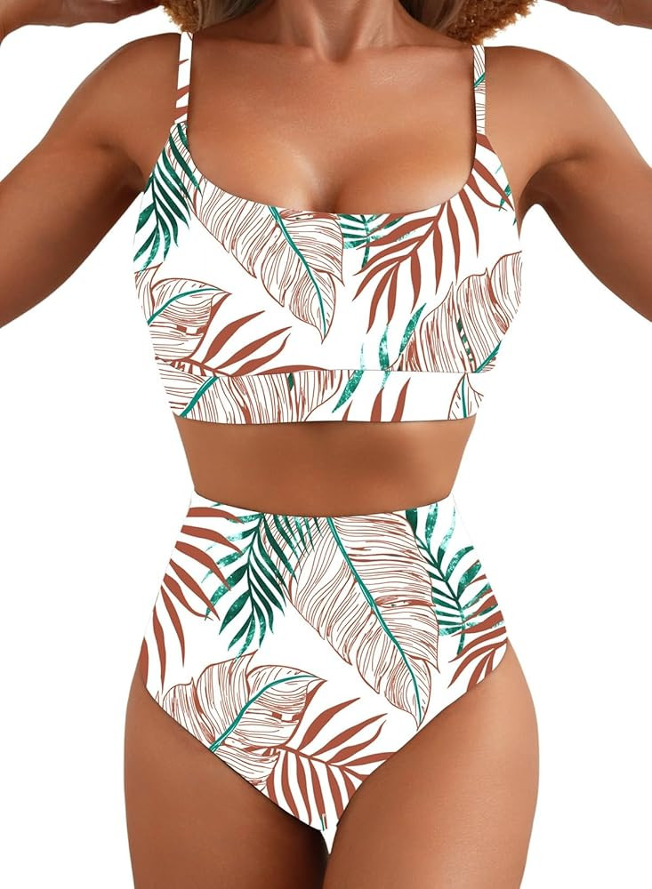 Herseas 2 Piece High Waisted Bikini Set for Women 2026 Spaghetti Straps Swim Top with Reversible ... | Amazon (US)