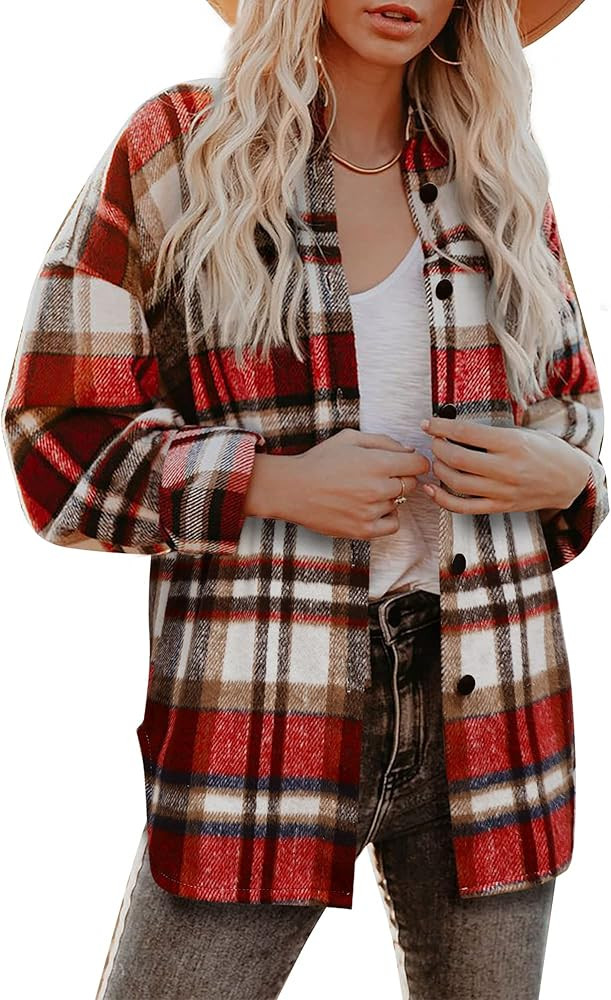 Beaully Women's Flannel Plaid Shacket 2025 Fall Outfits Long Sleeve Button Down Shirts Jacket Coa... | Amazon (US)