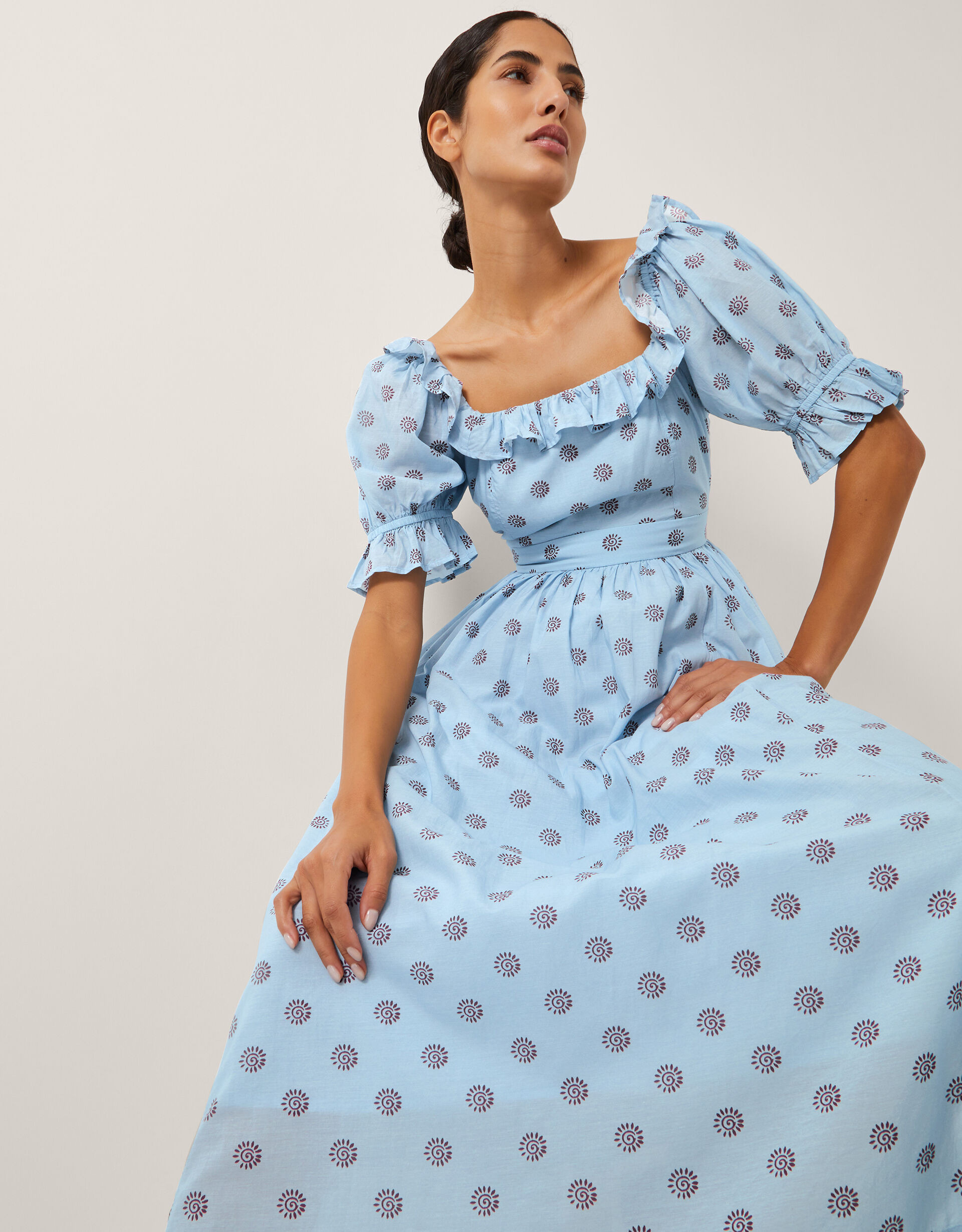 The India Edit Matilda Printed Puff Sleeve Midi Dress Blue | Monsoon (UK)