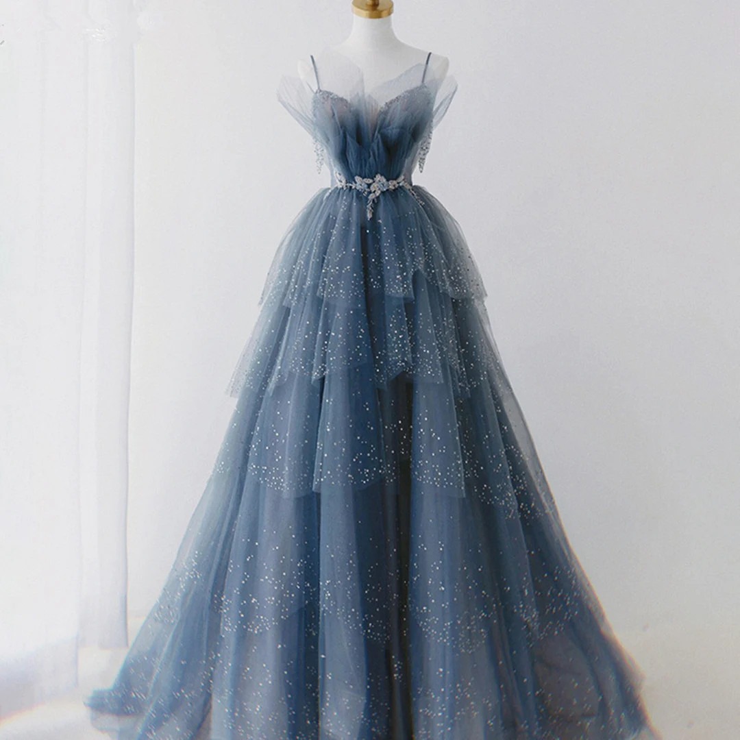 Sparkle Beading Blue Tiered Dress,tulle Prom Dress Ball Gown,elegant Prom Dress Fairy Dress,brida... | Etsy (US)