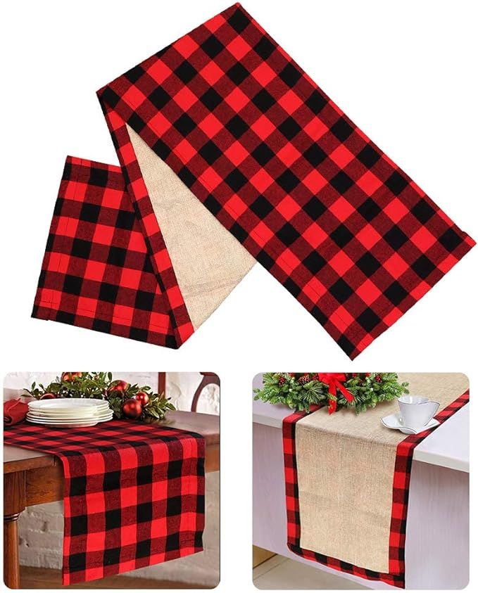 PartyTalk Christmas Table Runner Red Black Cotton Buffalo Check Plaid and Burlap Double Sided Tab... | Amazon (US)