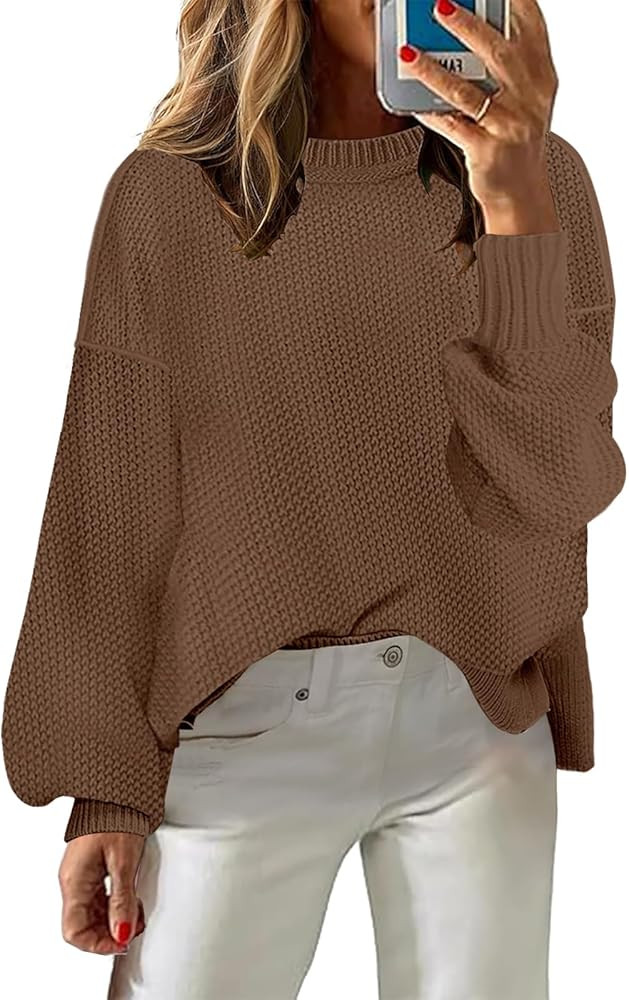 Women's 2024 Crewneck Long Sleeve Loose Oversized Chunky Knitted Pullover Sweater Jumper Tops | Amazon (US)