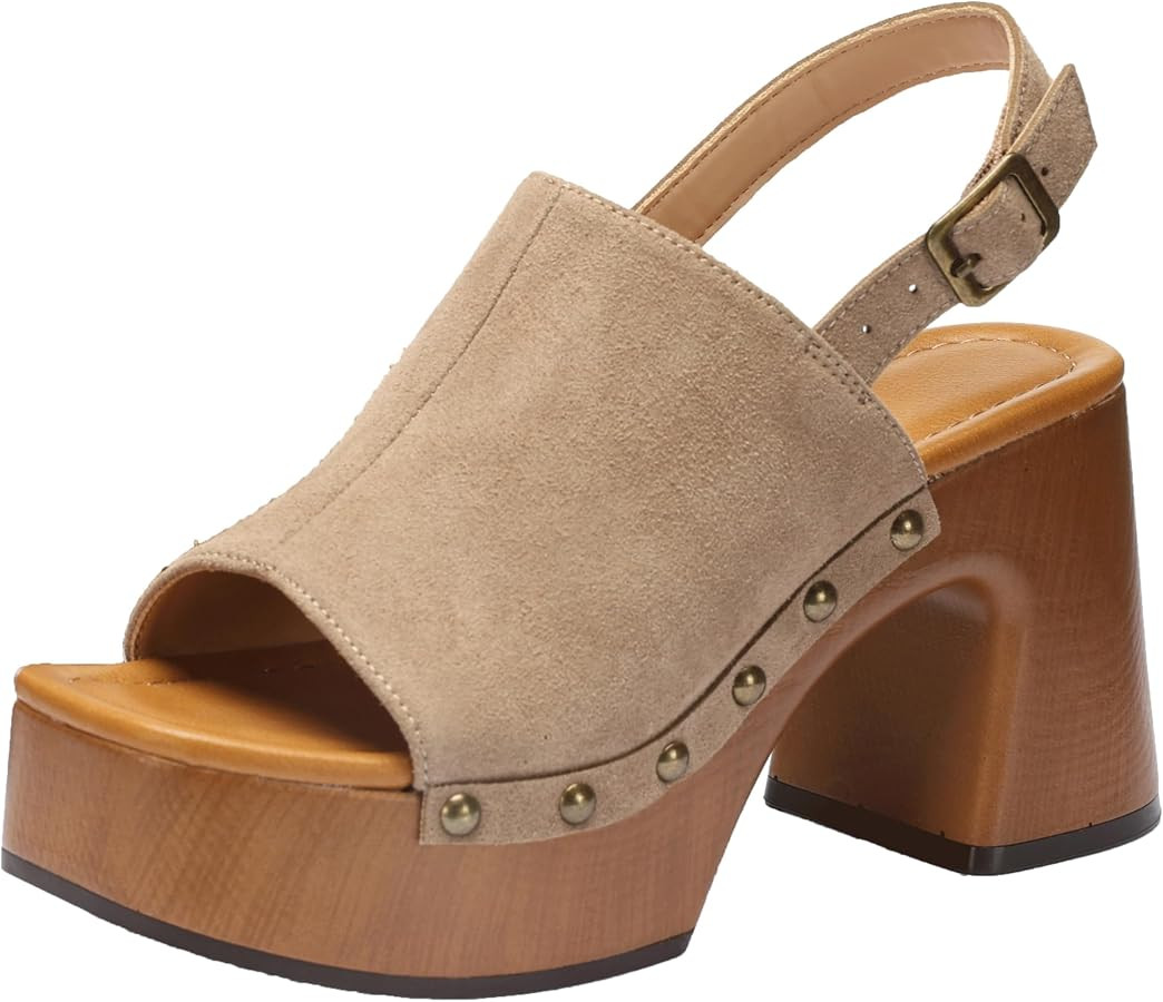 Womens Platform Chunky Sandals, Studded Faux Suede Heels with Chunky Block Heel, Comfortable Cush... | Amazon (US)