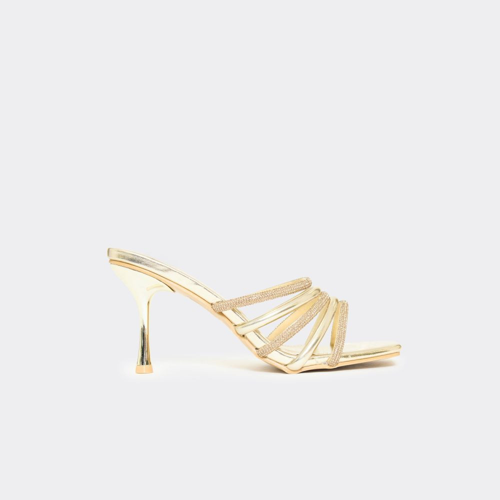 Sicke Diamante Strappy Detail Heel Mule In Gold Faux Leather | EGO (UK)